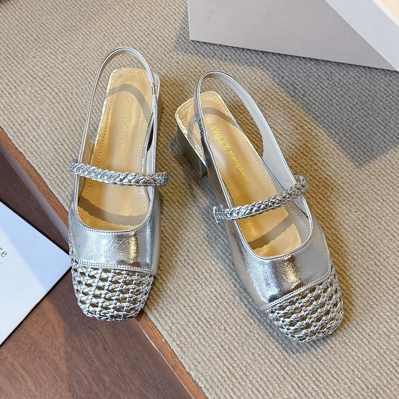 Genuine French retro square head Mary Jane sandals women's summer new hollow woven thick heel high heels with skirt