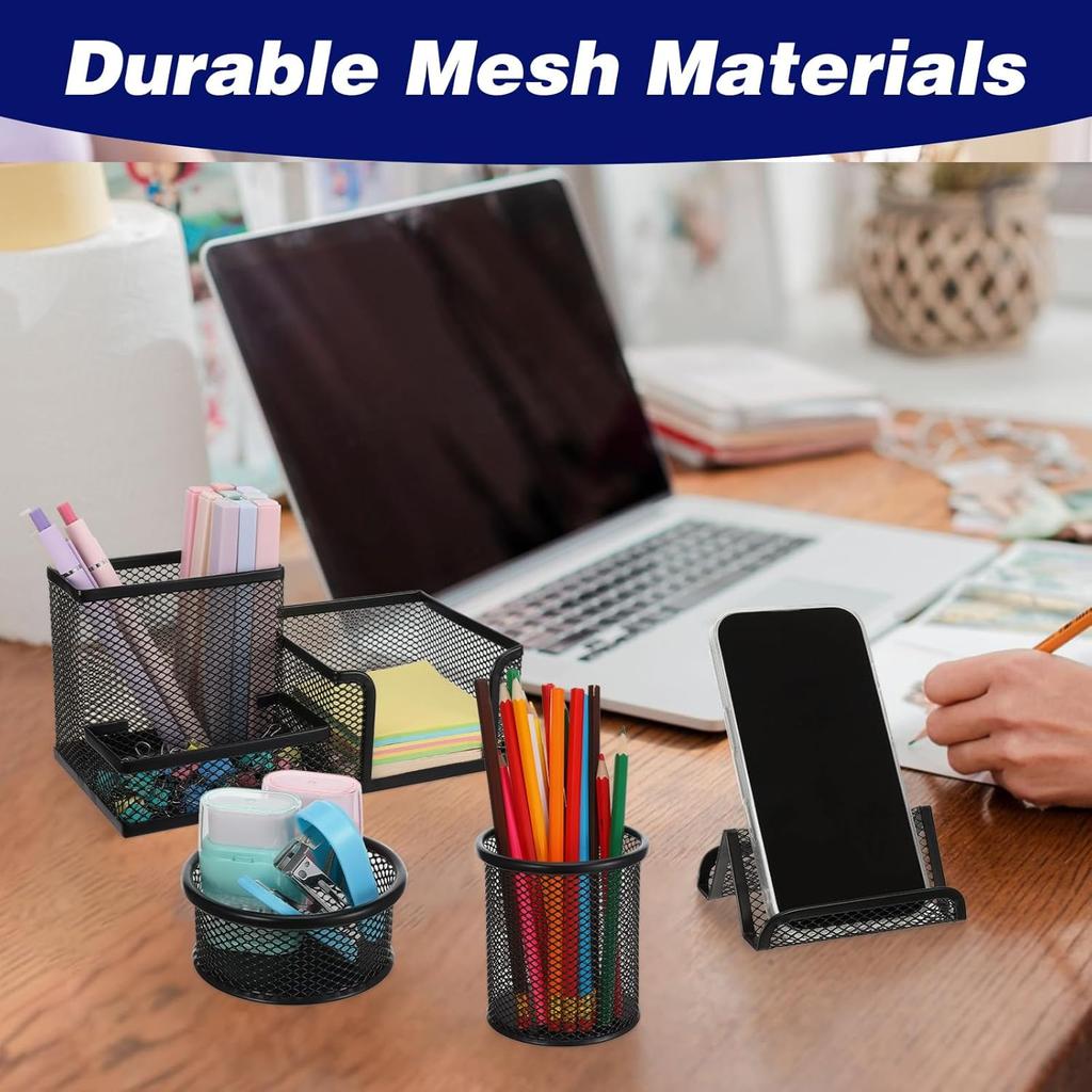 Mesh Pen Holder for Desk Pencil Holders 6 Pieces Desk Organizer Office Supplies Caddy with Sticky Notes Holder for Office School Home Black