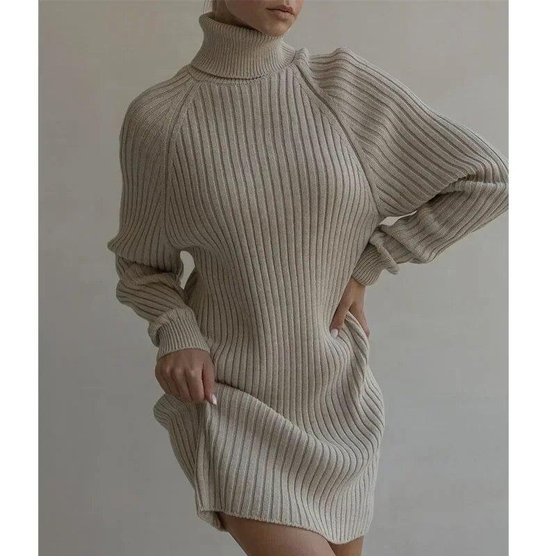 Casual Long Sleeve Turtleneck Sweater Dress Women Autumn Winter Short Knitted Dress Fashion Loose Slim Fit Solid Office-lady Dresses 30175