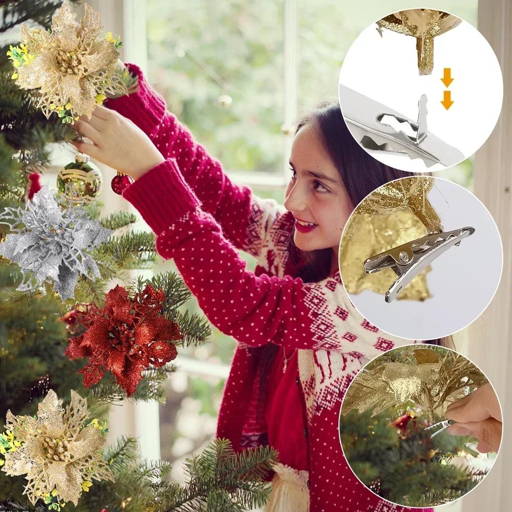 5 Stück Künstliche Blumen Weihnachten Blumenschmuck mit Clips Weihnachtsbaum Hängende Ornamente Kunstblume für Neujahrsparty Deko Geschenke