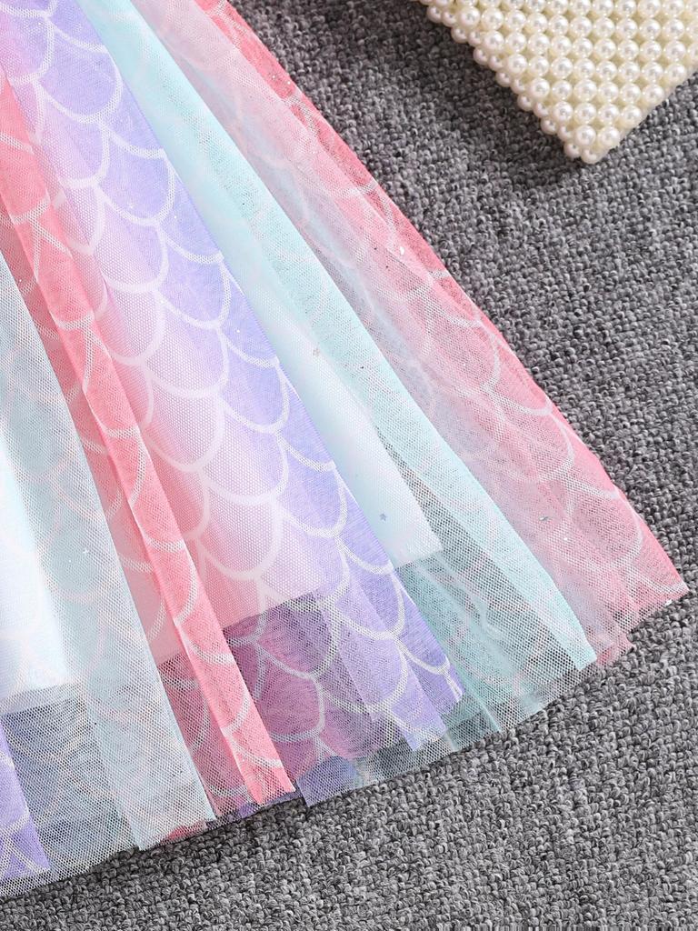 Comfort Princess Dress, Bubble Letter Print Mermaid Scale Tulle Skirt for Little Girls