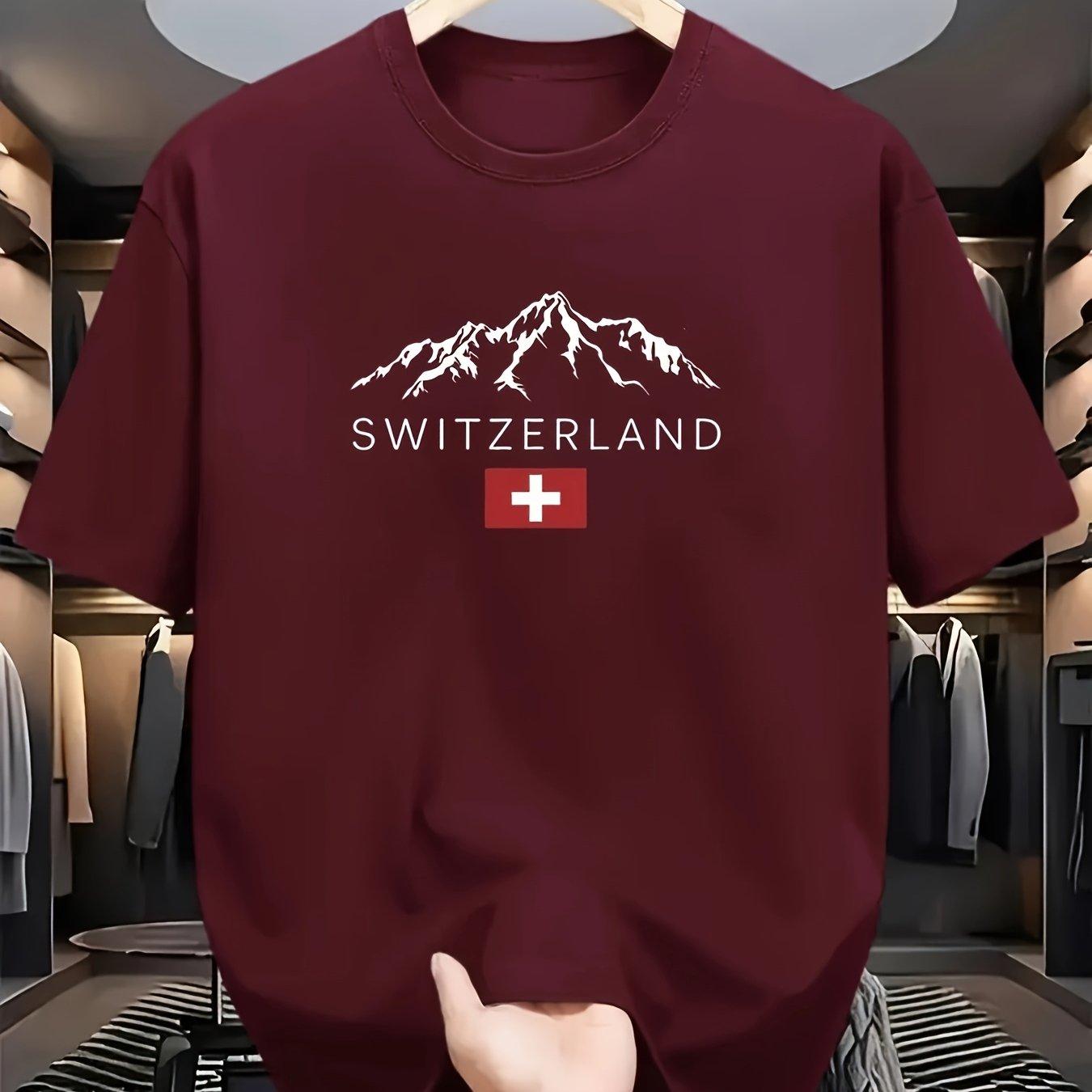 Mens summer fashion casual loose and sporty Swiss mountain pattern printed roundneck shortsleeved Tshirt top M