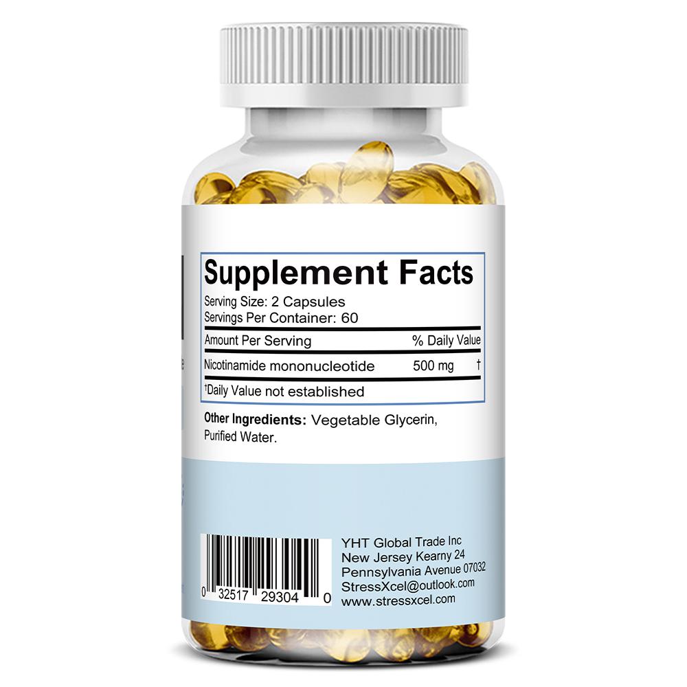 Nicotinamid-Mononukleotid 500 mg Nahrungsergänzungsmittel, 120 Weichkapseln pro Flasche