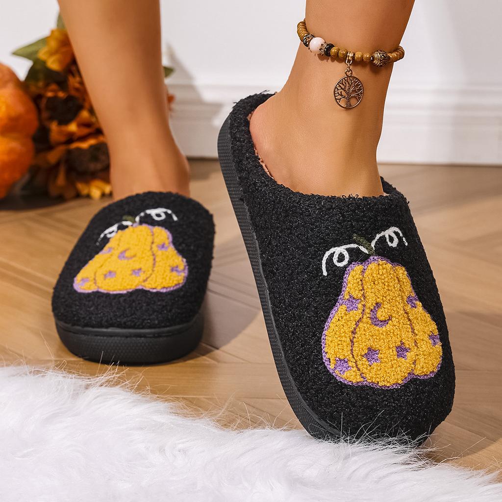 Mode Gemütliche Halloween Kürbis Hausschuhe Damen Weiche Plüsch Rutschfeste Indoor Baumwoll-Sandalen Frau Warm halten Bequeme Winter Hauspantoffeln
