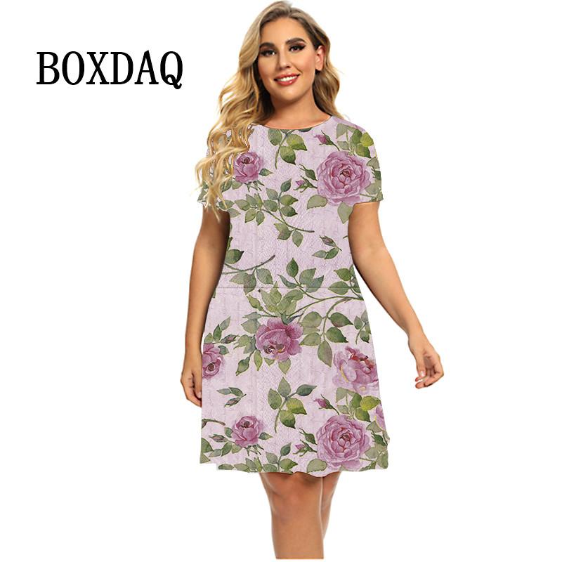 Butterfly Flower Print Summer Dress Women Oversized Short Sleeve Dress Casual Pullover O-Neck Loose Party Dress Ladies Vestidos