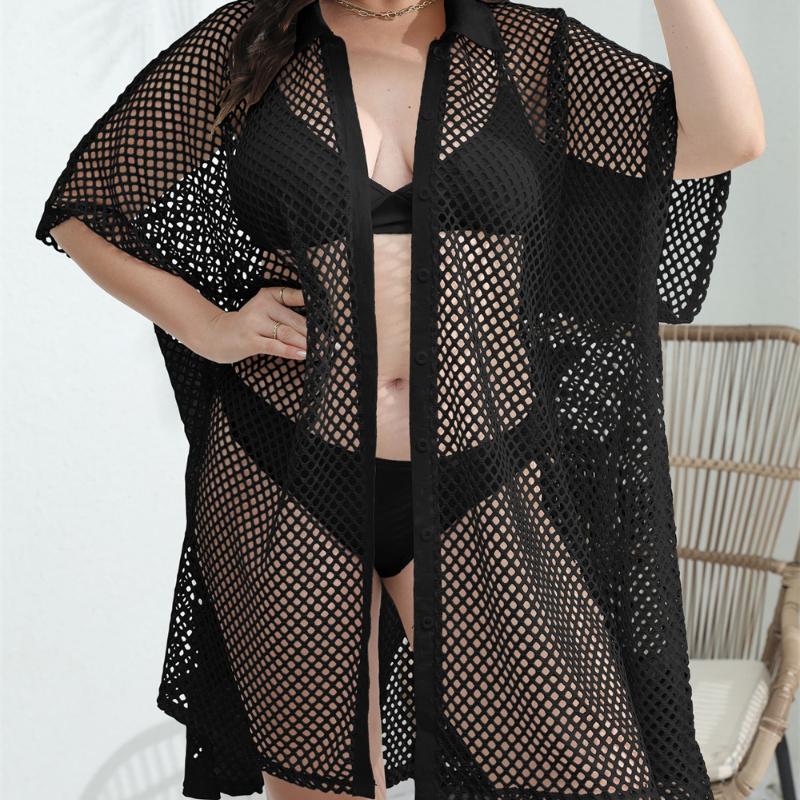 Aesthetic Casual Plus Size Mesh Patchwork Dress Women Fashion Design Loose Short Sleeve Dresses Female Summer Chic Hollow Out Lapel Clothing Lady