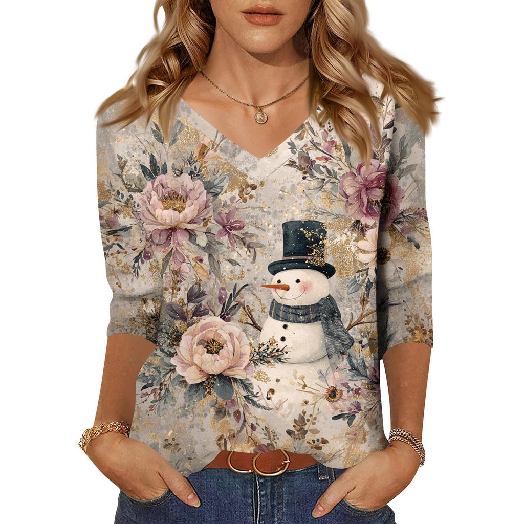 Women's Tops Three-quarter Sleeve Shirt V-neck Loose Casual Shirt Print T-shirt