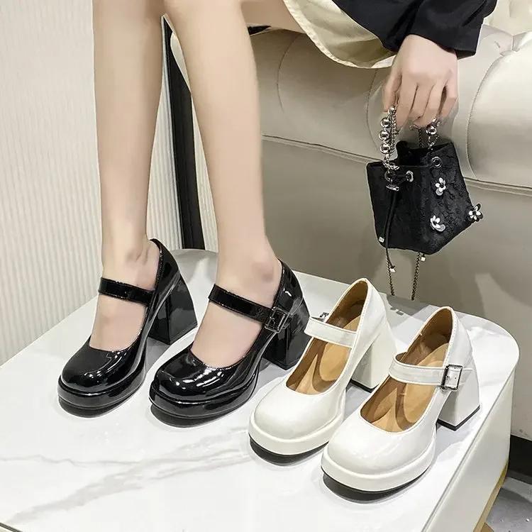 French Maryse Women'S Shoes  Autumn New Waterproof Platform Patent Leather High Heels Vintage Round Head Coarse Heel Single