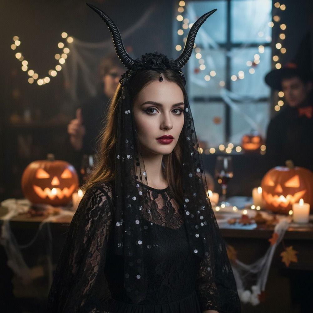 Black Halloween Devil Headwear with Veil Sheep Horn Headband Adults