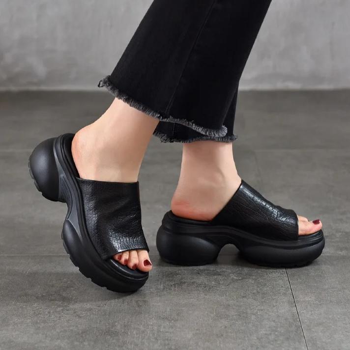 Johnature Women's Thick Soled High-heeled Peep Toed Slippers Genuine Leather Platform Sandals