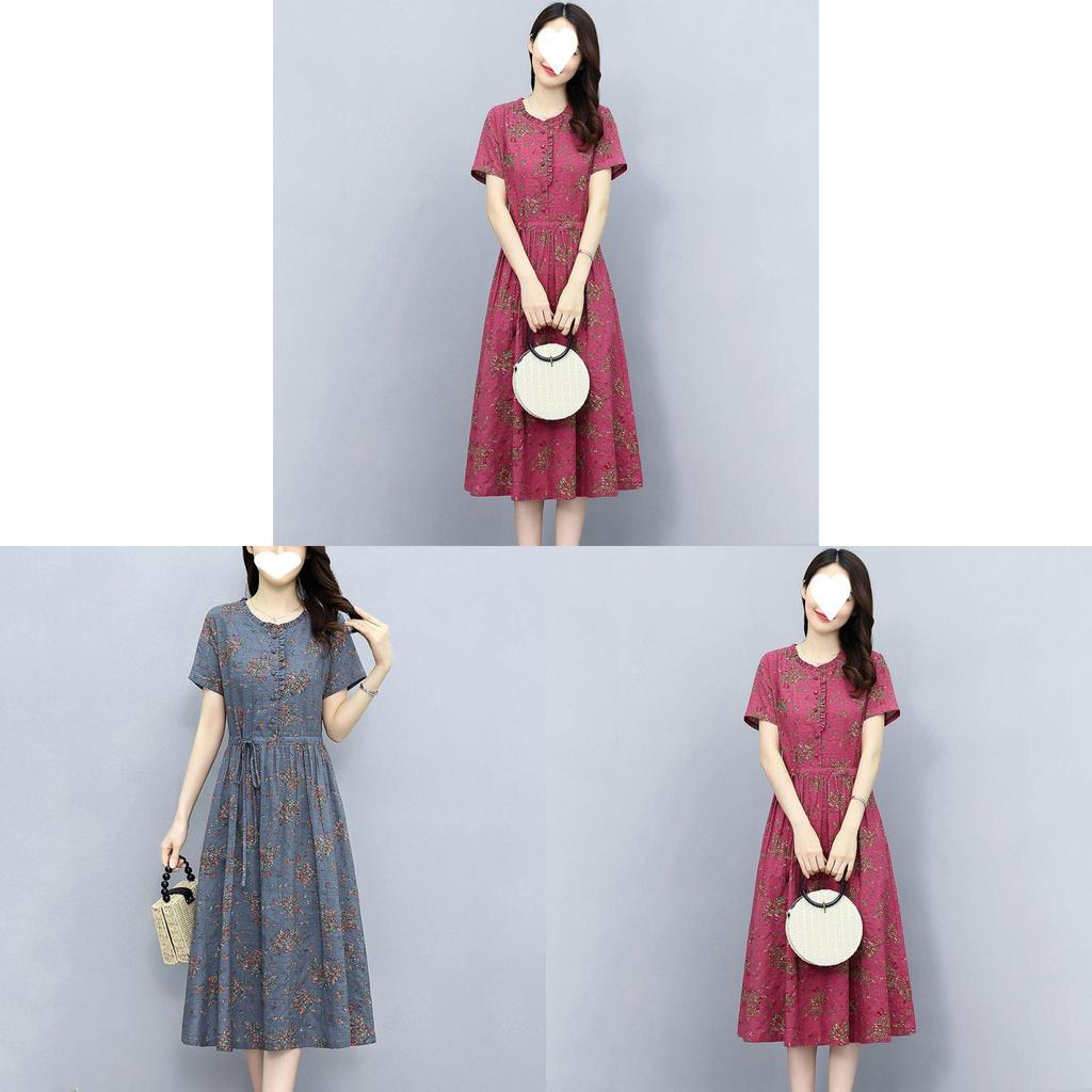 Cotton Linen Floral Midi Dress With Ruffle Details For Summer Streetwear