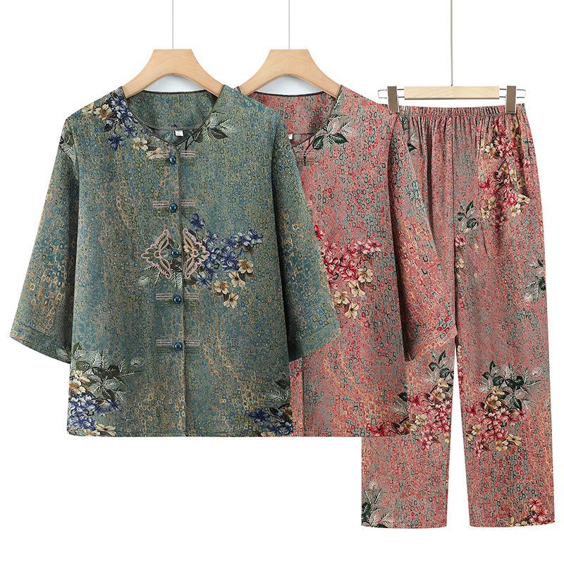 Mother's Day Summer Mid-Sleeve Set for Grandma – Casual Two-Piece Outfit for Middle-Aged and Elderly Women