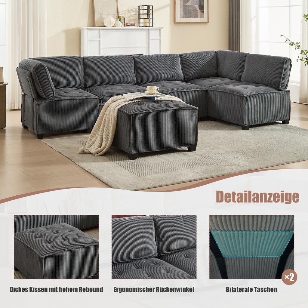 Modular 6-Seater Sofa, Corduroy, Ergonomic, Storage Pockets, Combinable As U-Shape/L-Shape/Sofa Bed, Wood and Metal Structure, Easy Assembly, Grey