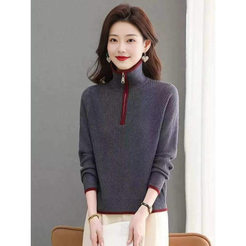 Half Zipper Stand-up Collar Women's Spring and Autumn New Medium Mother Embroidered Knitted Sweater with Bottom Clothes