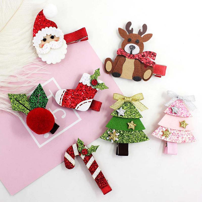 5Pcs//Set Christmas Hair Bow Glitter Snowman Elk Cartoon Hair Clips for Girls