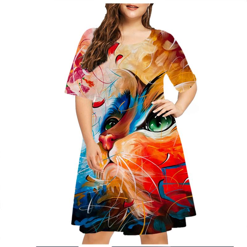 Starry Sky Cat Graphic Dress For Women Tie Dye 3D Printed Casual Loose Plus Size Dress Short Sleeve Fashion Hip Hop Kawaii Dress