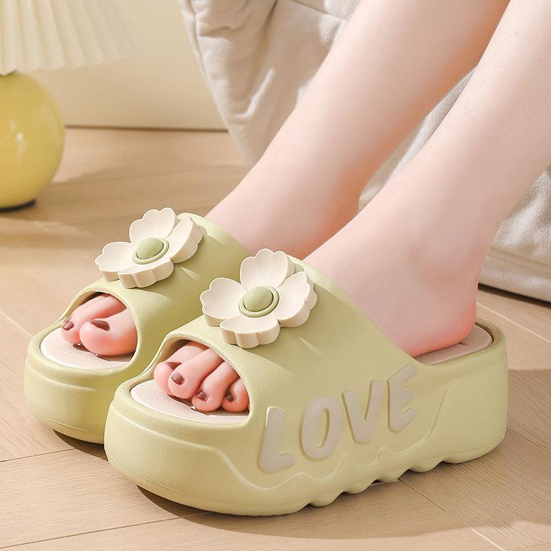 Fashion New pink flower high heel slipper women's outdoor slides sweet backless beach shoes woman flat platform mules elevator slippers