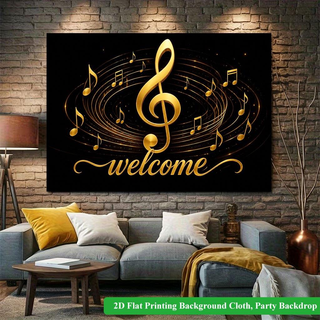 2D Flat Backdrop1pc Golden Music Notes Music Welcome Backdrop Banner Polyester Wall Decor For Living Room Bedroom Office Outdoor Decor
