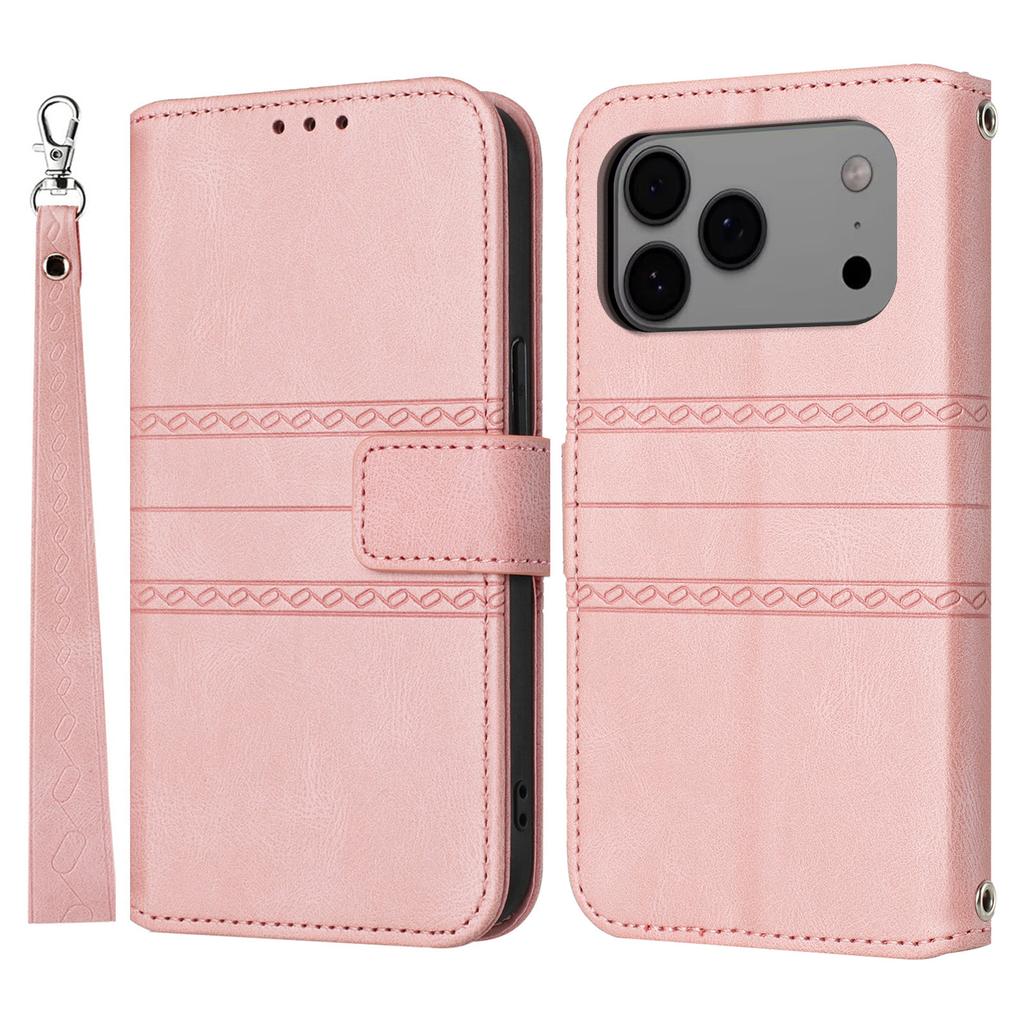 For iPhone 17 Pro Max Case Wallet Skin-Touch Leather Imprinted Phone Cover with Wrist Strap