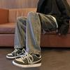 JYL Men's Embroidered Jeans Hong Kong Style Vintage Loose Straight Dad Denim Pants