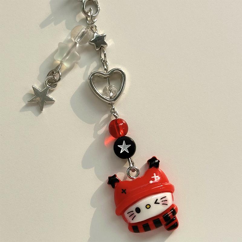 Cute Hello Kitty Mobile Phone Chain Punk Cat Keychain Pendant Anti-Lost Lanyard Phone Wrist Hanging Chain Earphone Camera Chain