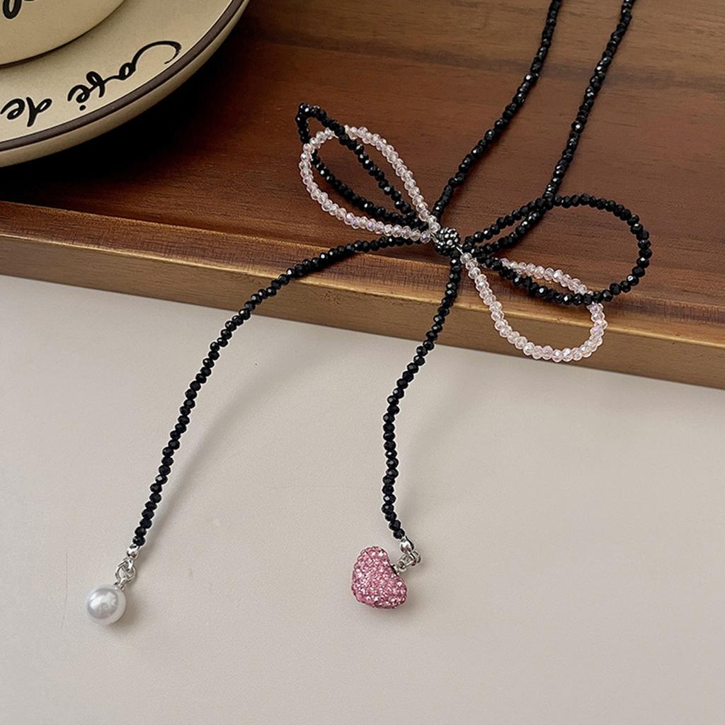Perlenketten Schleifenförmige Schlüsselbeinkette Rosa Schwarz Kontrast Choker Herz Perle Anhänger Halskette Böhmischer Schmuck Frauen