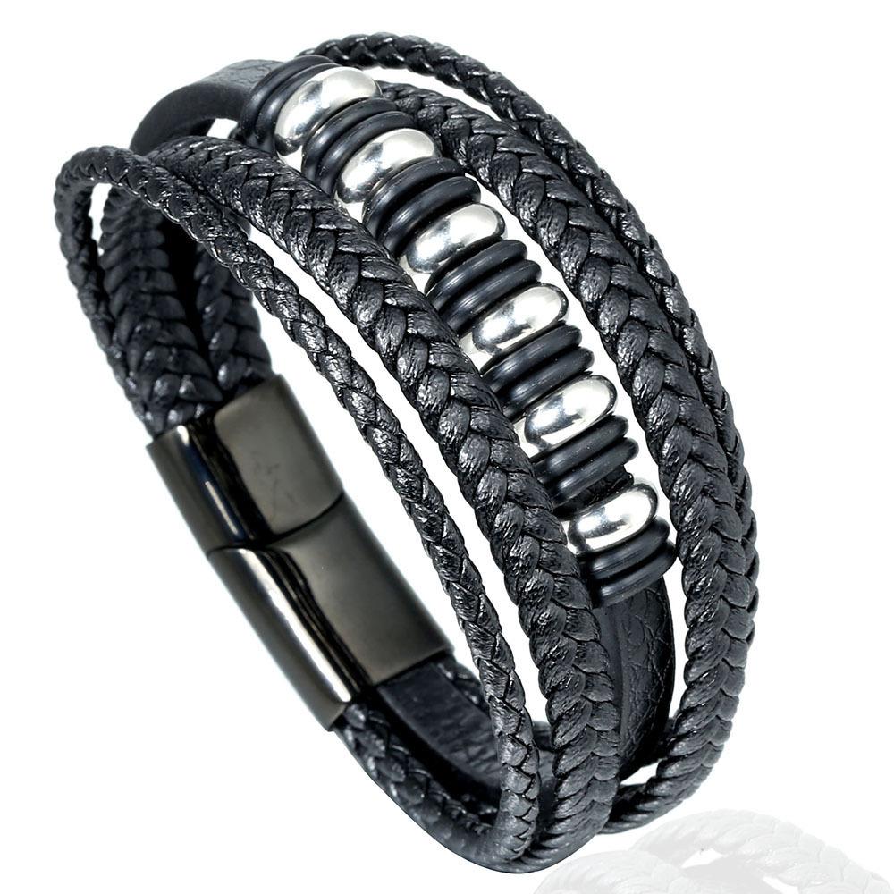 Popular stainless steel leather bracelet, men s multi-layer woven leather bracelet