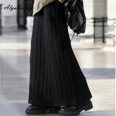 Korean Fashion Autumn Winter Women Maxi Long Skirt High Waist Black Gray Knitting Skirt Elegant Fashion Knitted Basic All-Match Split Skirts Womens