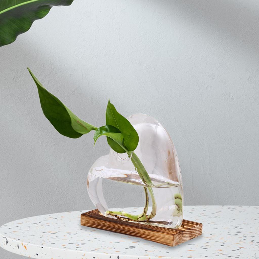 Heart Shaped Glass Vase with Wooden Base Modern Transparent Plant Terrarium Propagation Station for