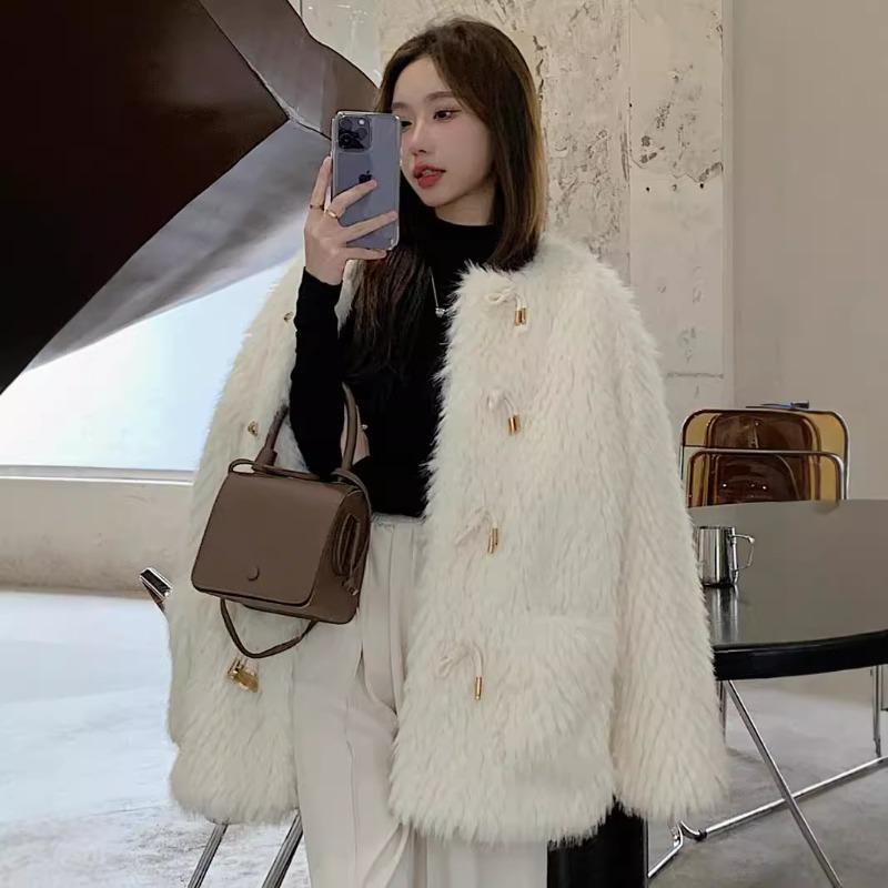 Light Fur Coat Medium and Long Lamb Wool Coat Winter Round Neck Horn Buckle Plush Clothes Women