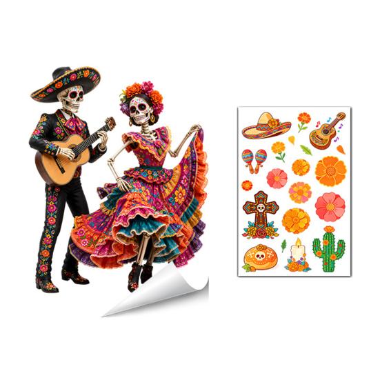 Durable Sunproof Glass Stickers Day of The Dead Window Clings, Halloween Double-Sided Skull Sticker, Ethnic Pattern Wall Art Colorful Flower Skeleton
