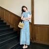 French elegant polka dot dress for women, new summer elegant stand collar, waist-cinching slimming gentle short-sleeved long dress
