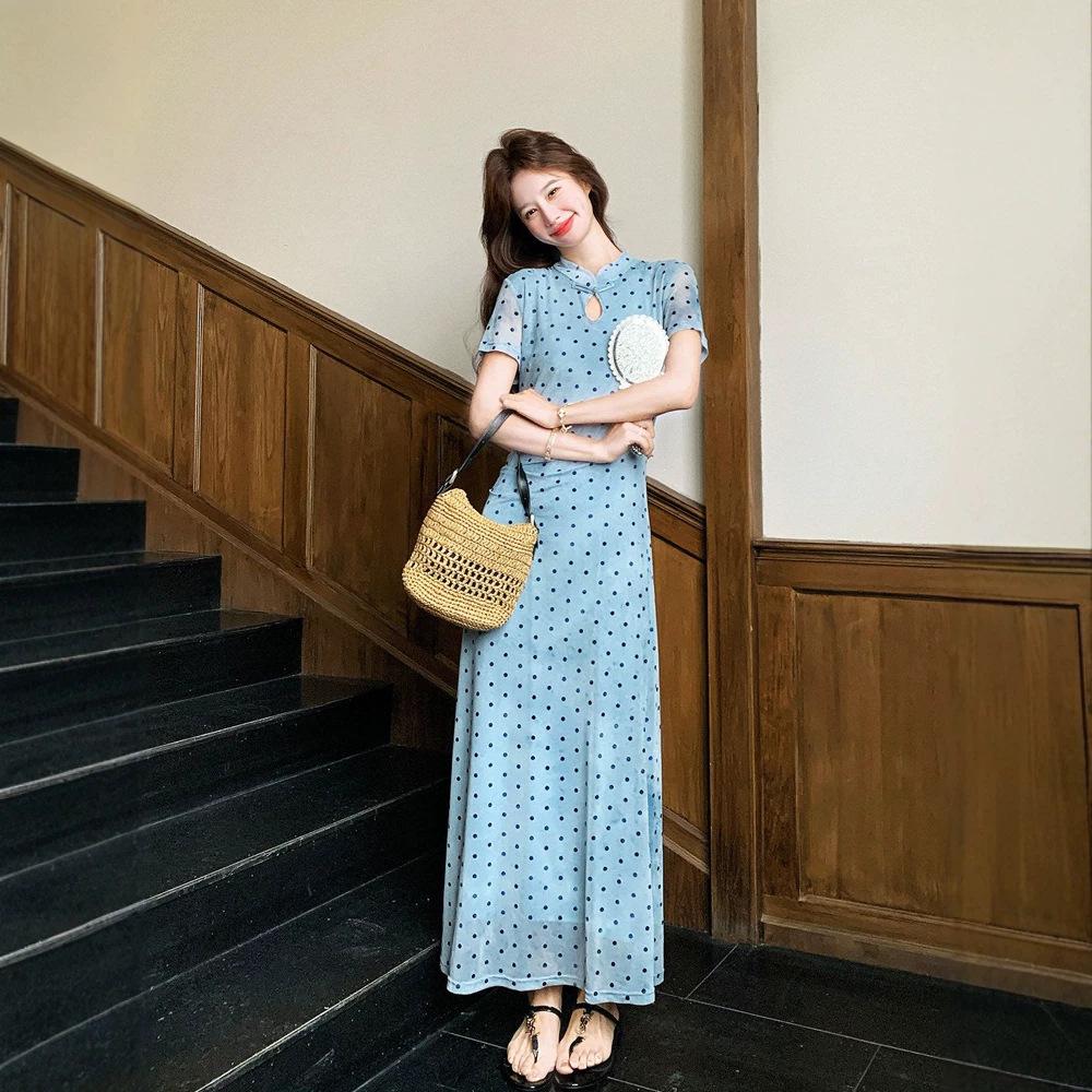 French elegant polka dot dress for women, new summer elegant stand collar, waist-cinching slimming gentle short-sleeved long dress