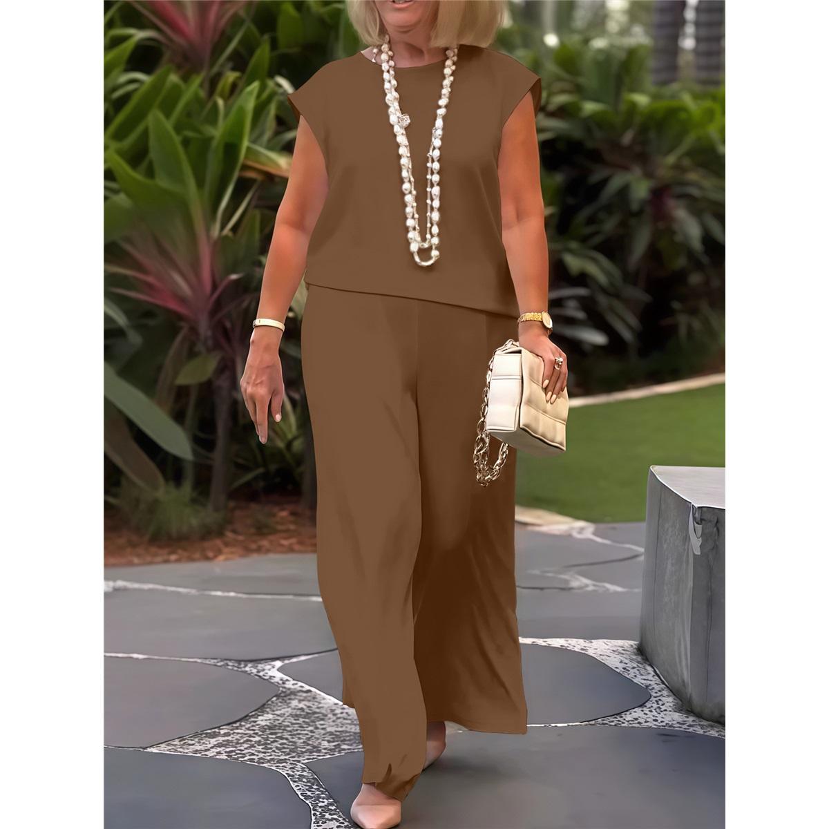 

Женские комплекты однотонные повседневные спортивные топы с круглым вырезом без рукавов и брюки L