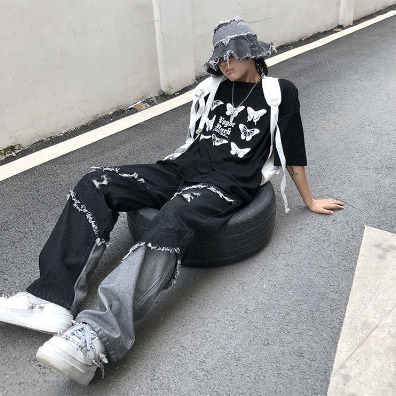 Jeans da uomo gotici Hippie Autunno Inverno Jeans patchwork neri Pantaloni grunge estetici a vita alta Streetwear