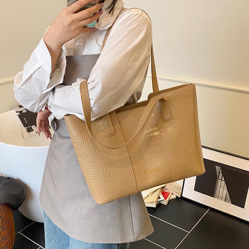Premium Sense Solid Color Simple Crocodile Pattern Large Capacity Tote Bag Women's 2025 New Trend Fashion Versatile Shoulder Bag