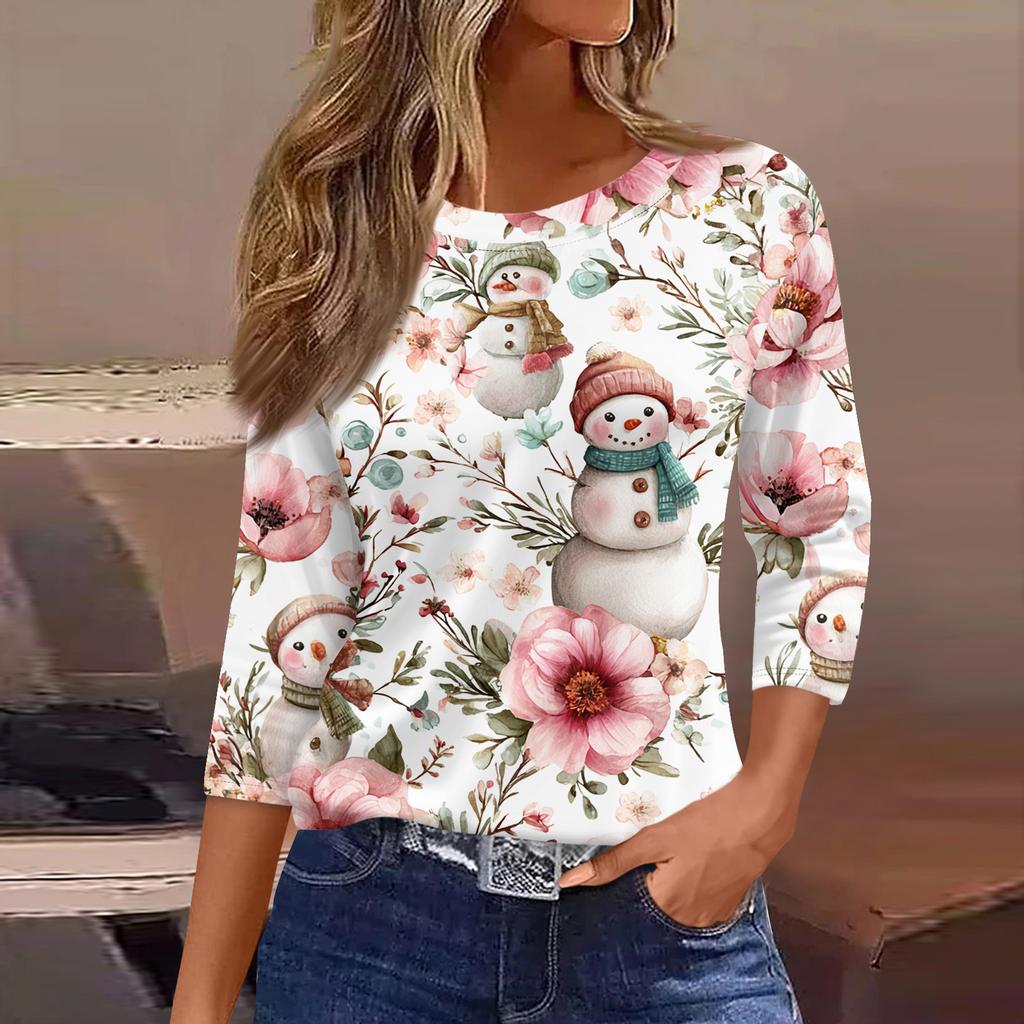 3/4 Length Sleeve Womens Tops Floral Print Vintage Fashion Casual Loose With Round Neck Plus Size Shirts