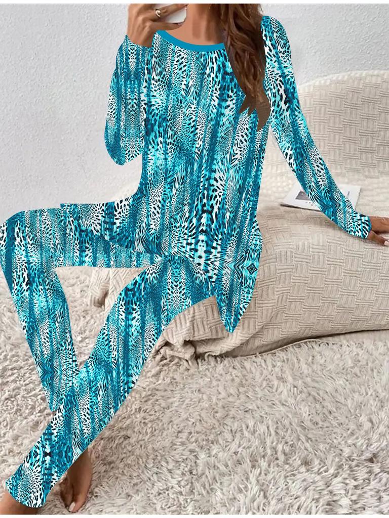 Euroamerikanische Mode 3D Leopardenmuster Damen Vier-Jahreszeiten Langarm T-Shirt + Lange Hose Zweiteiliges Set. Perfektes Geschenk