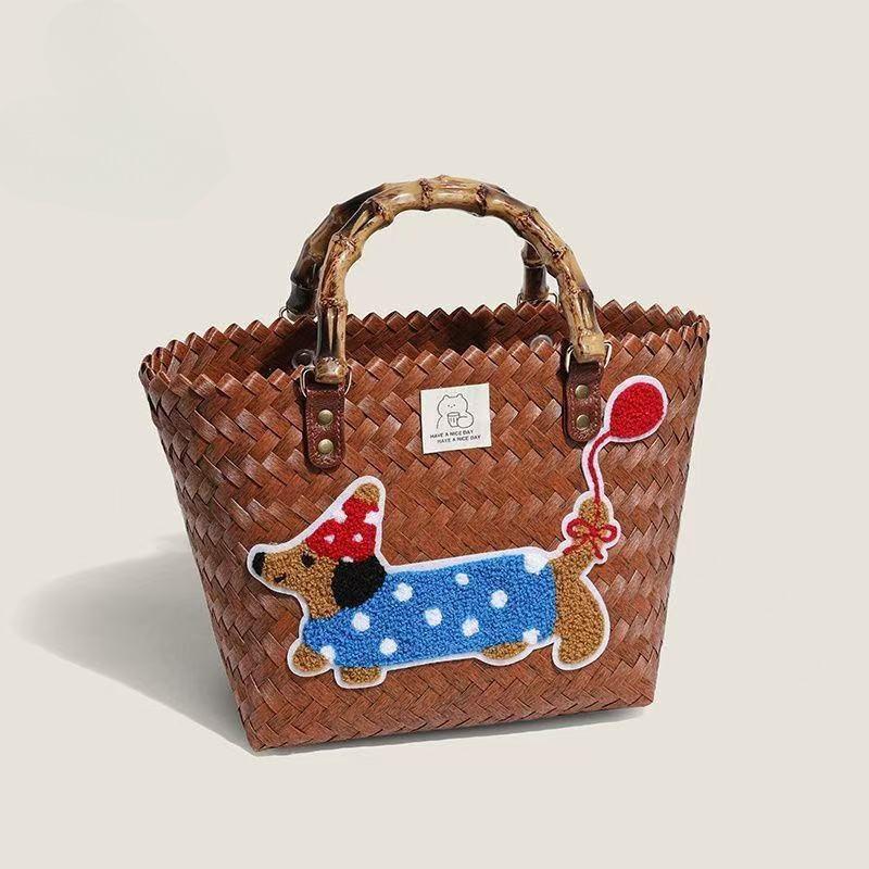 Handgefertigte bestickte Dackel gewebte Handtasche und Aufbewahrungskorb