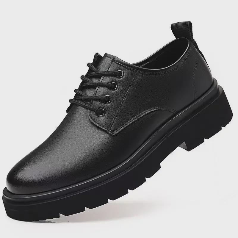 Spring Men's Big Head Business Casual Lace-Up Leather Shoes, Soft Sole, Versatile, Formal, Non-Slip, Black.