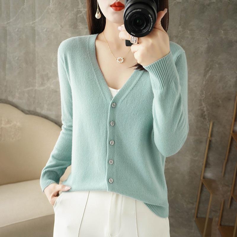 

Autumn Winter V-neck Solid Color Single Breasted Knitting Coat Women Casual Fashion Cardigan Sweater Top S