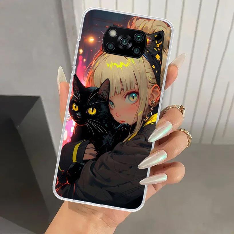 Anime Girls Cute Black Cat Phone Case for Xiaomi Poco X5 X6 X7 Pro F7 Ultra M7 Redmi 15 15C 13 13C 12 12C 10 10A 10C 9 9A 9C 9T