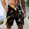 Men Plus Size Beach Shorts Abstract Black Gold Geometric Marble Print Drawstring Casual Swim Trunks For Summer Surfing Swimming