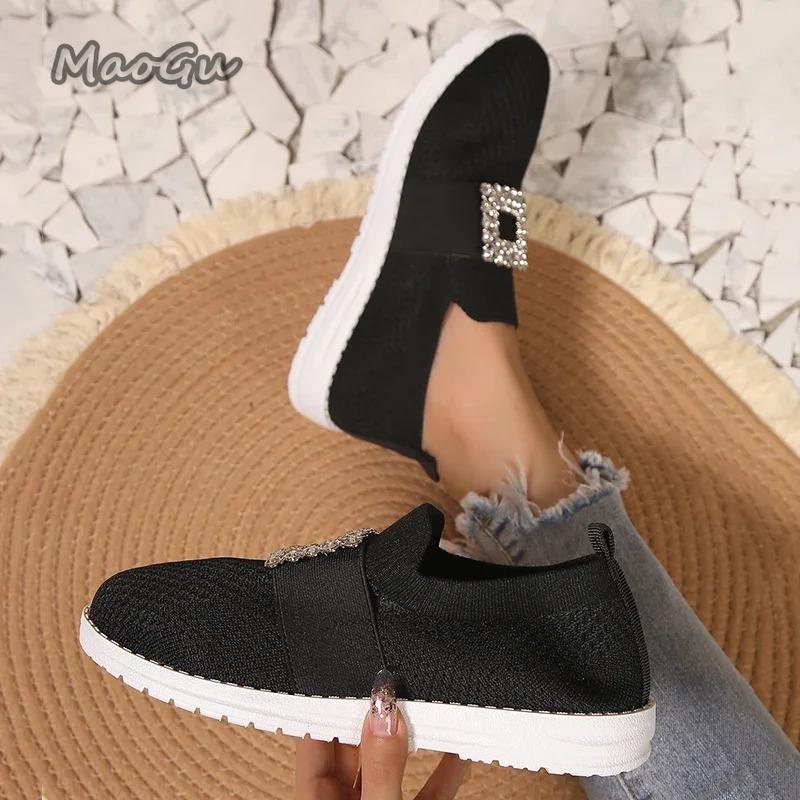 Modische Strass-Netz-Strick-Slipper für Damen Atmungsaktive Slip-On Casual Flats Damen Herbst 2025 Weiche Sohle Laufschuhe Größe 36 42