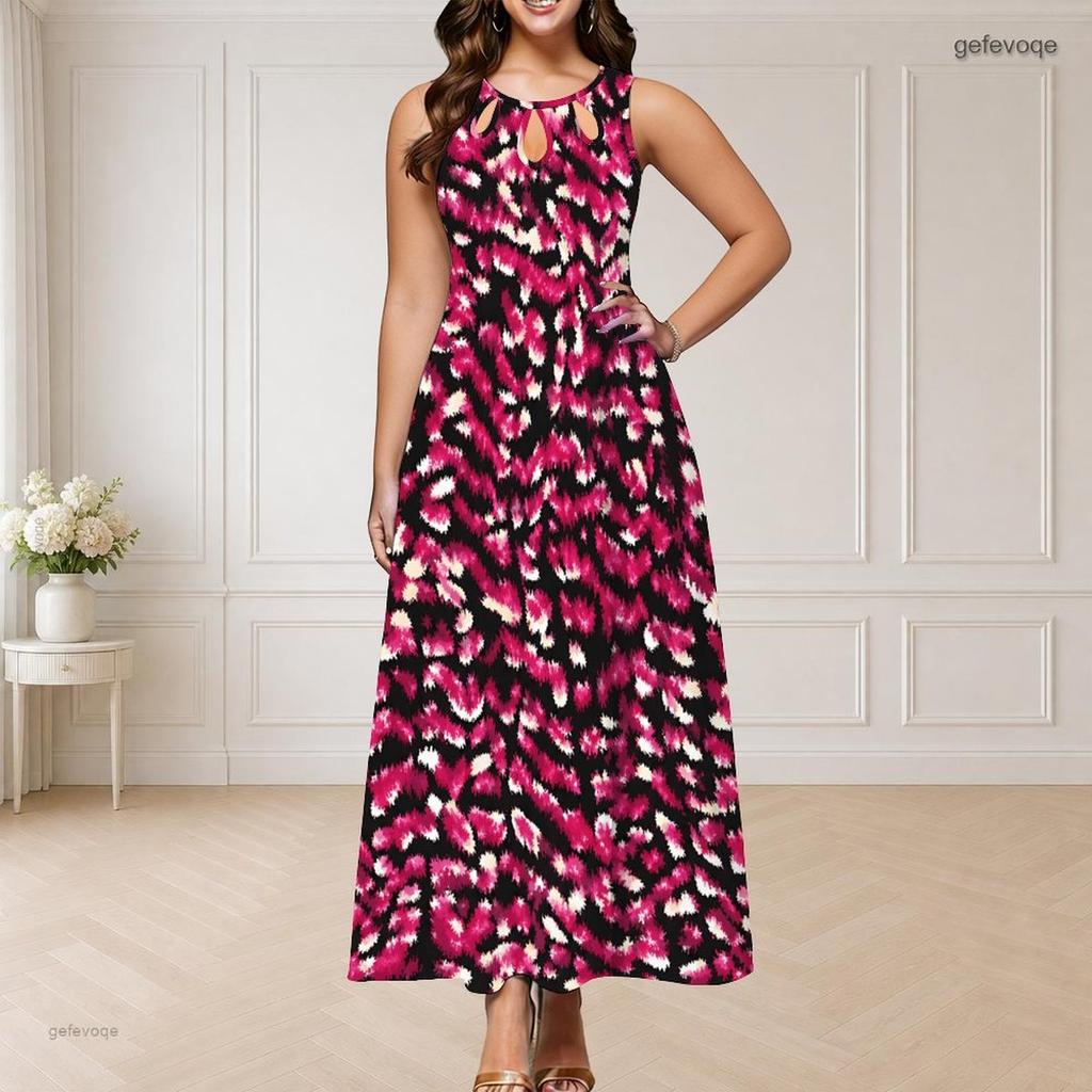 Women Plus Size Round Neck Triple Keyhole Sleeveless Tie Dye Printed Maxi Dress