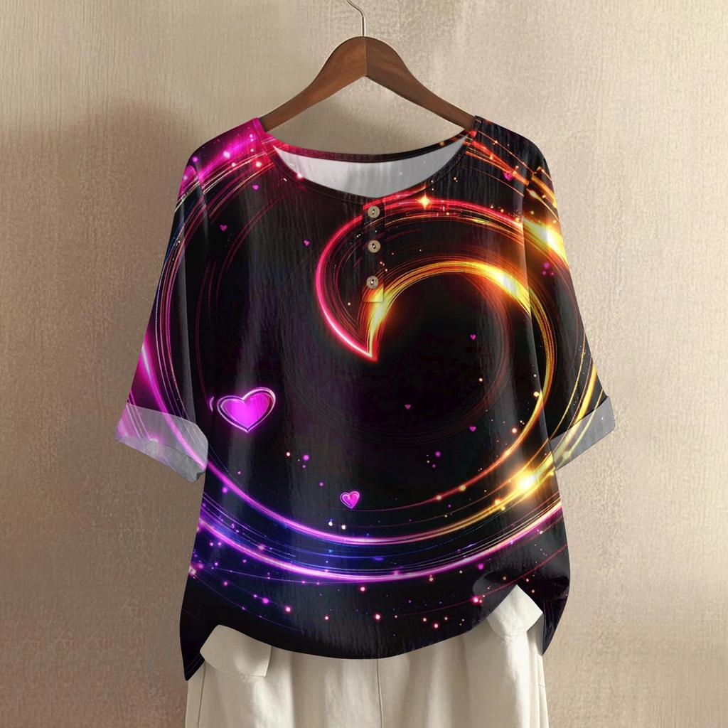 Damska casualowa i wygodna bawełniano-lniana bluzka z okrągłym dekoltem, średniej długości, z modnym nadrukiem