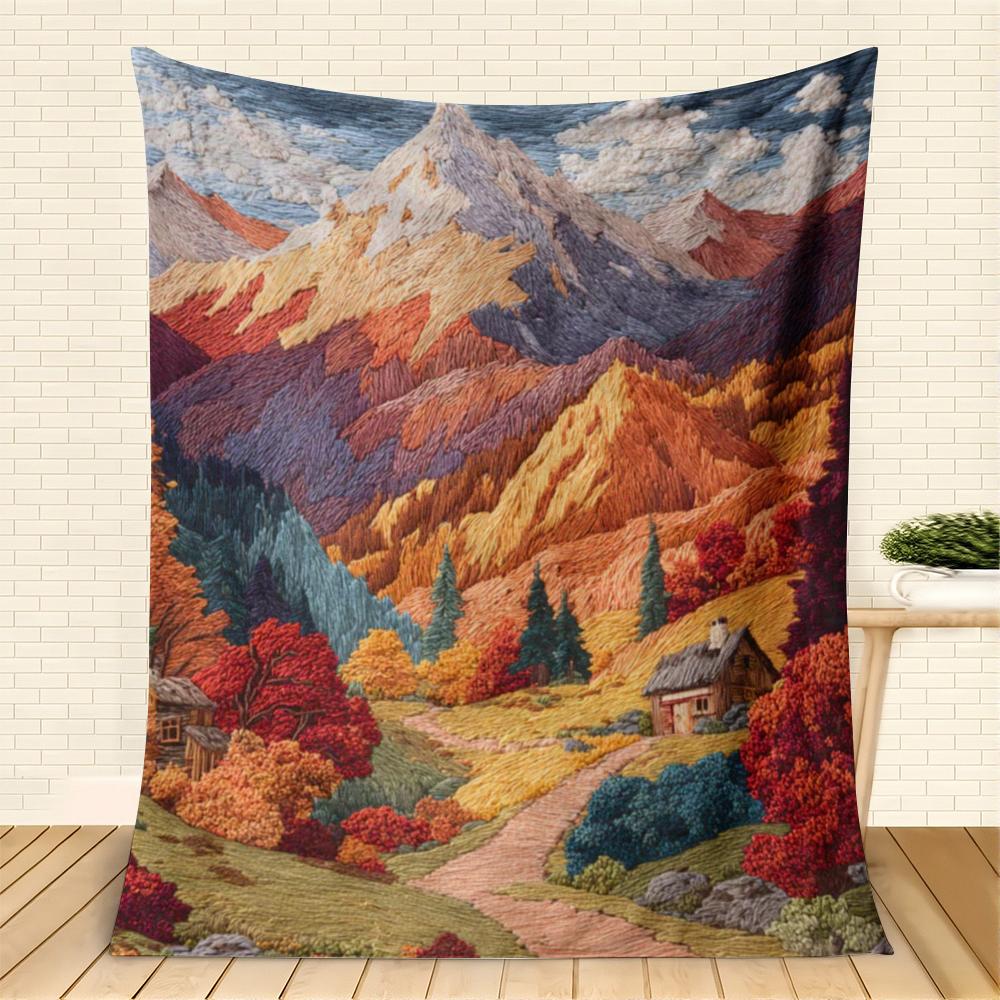 Autumn Mountain Embroidery Style Flannel printed blanket suitable all seasons suitable for living room office sofa and travel