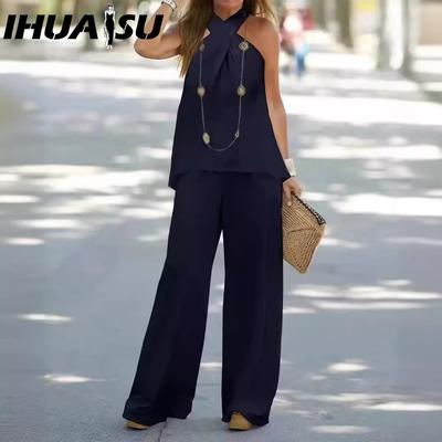 Damenmode, lässig, hängender Hals, einfarbig, ärmellos, Hose mit weitem Bein, zweiteiliges Set