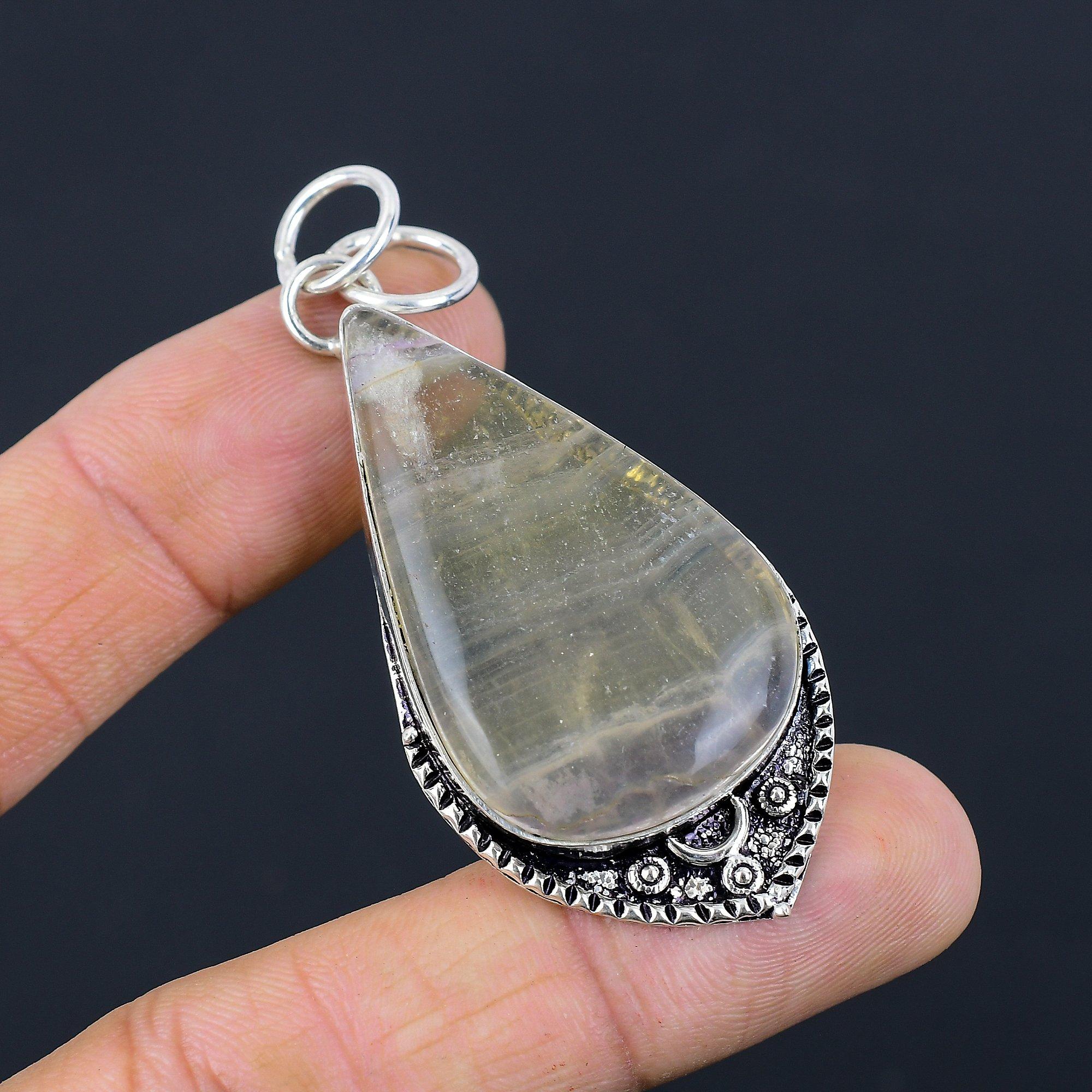 Anniversary Gift For Her Natural Multi Fluorite Gemstone Pendant 925 Silver