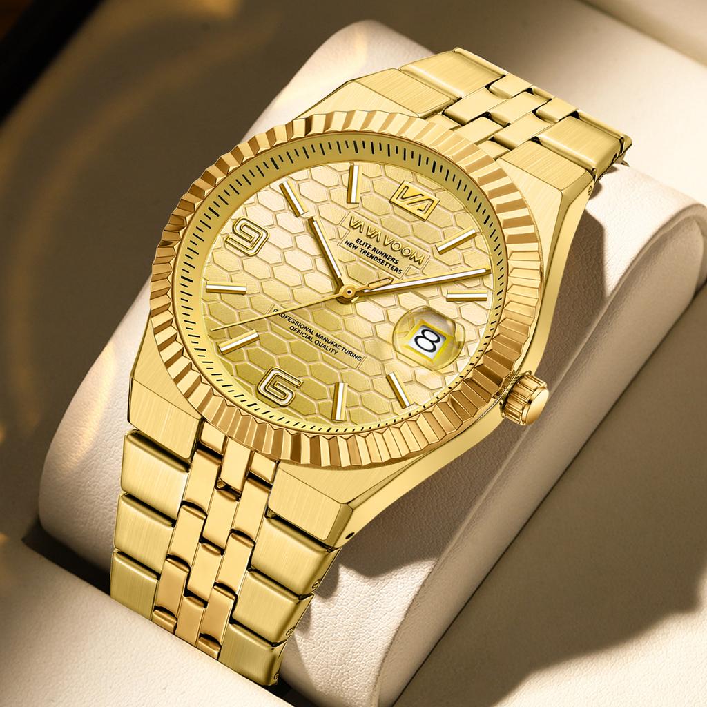 VA VA VOOM Men's Business Steel Belt Watch Honeycomb Texture Waterproof Luminous Watch High Value Calendar Watch